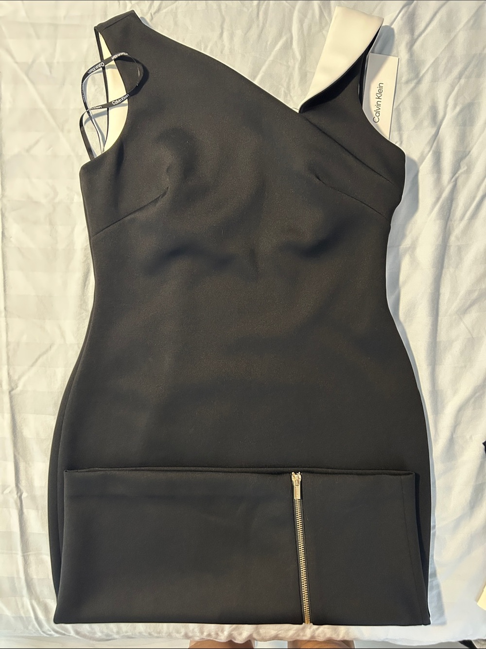 Calvin Klein Black One-Shoulder Sheath Dress with Gold Zip Detail